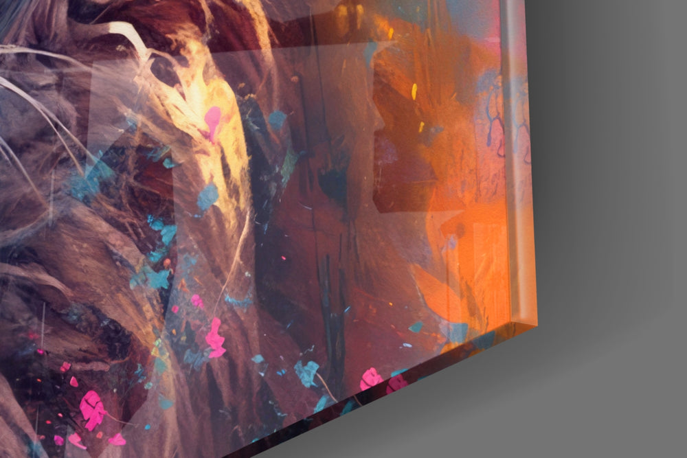 Animal-portrait artwork anchoring a wall with magenta-and-indigo palette