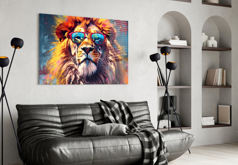 Cool Lion glass wall art styled above a sideboard in a media room