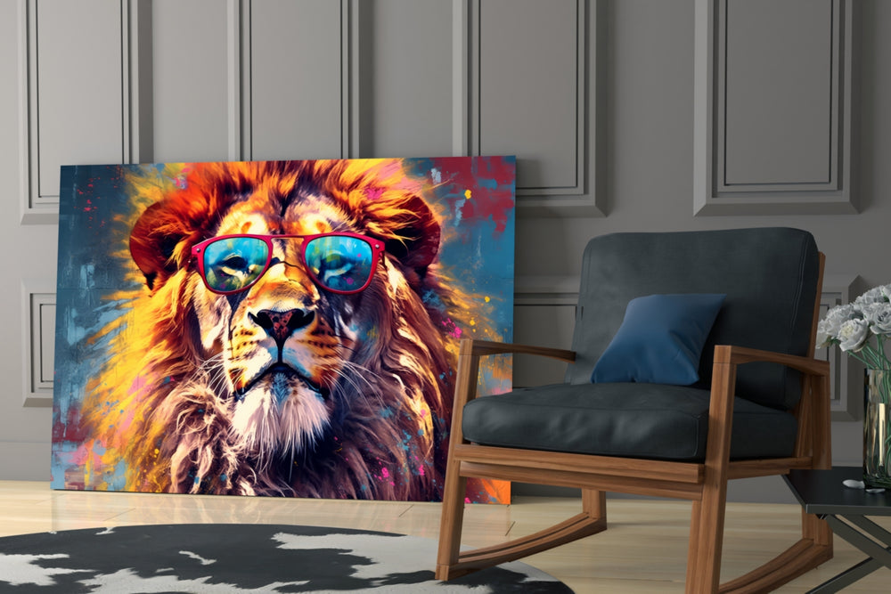 Cool Lion glass print enhancing a den with statement playfulness