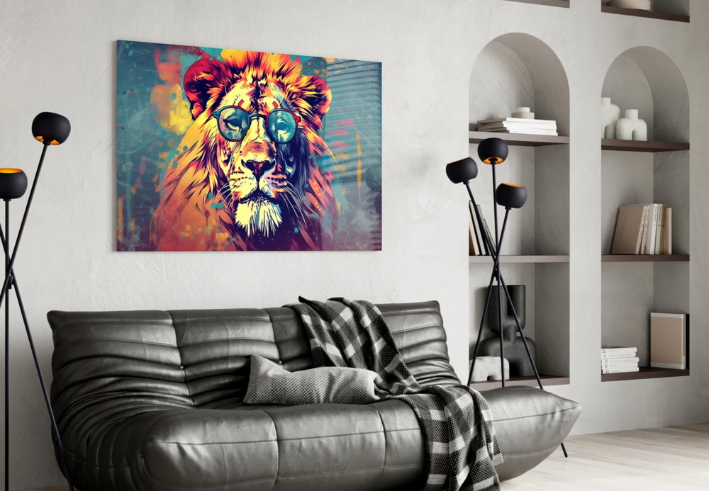Cool Lion glass wall art styled above a sideboard in a media room