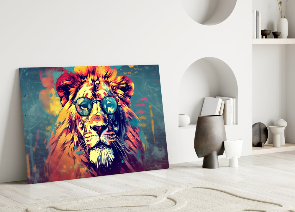 Cool Lion close-up showing copper round sunglasses and gold mane