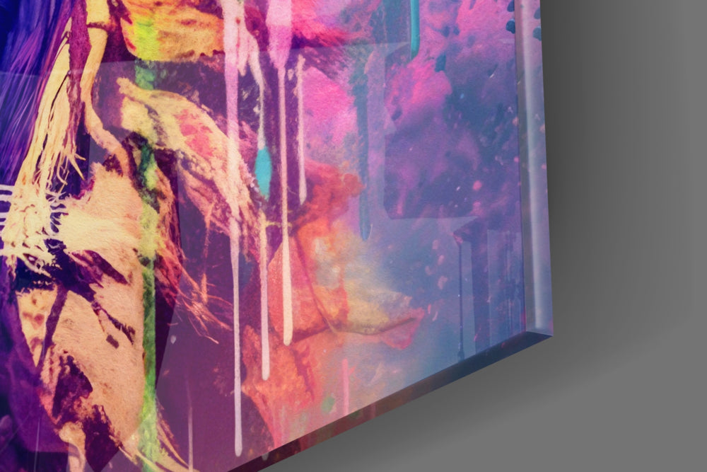 Animal-portrait artwork anchoring a wall with turquoise-and-magenta palette