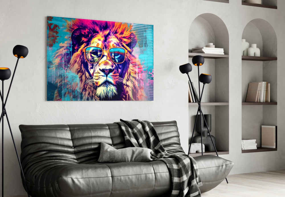 Cool Lion glass wall art styled above a sideboard in a media room