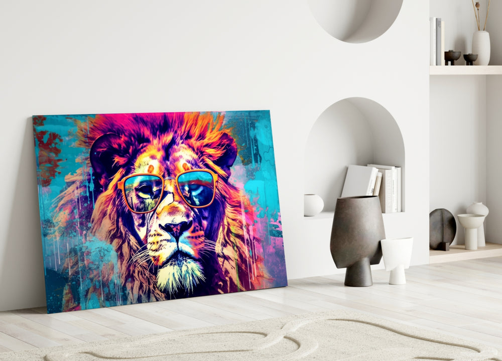 Cool Lion close-up showing orange wayfarers and neon mane