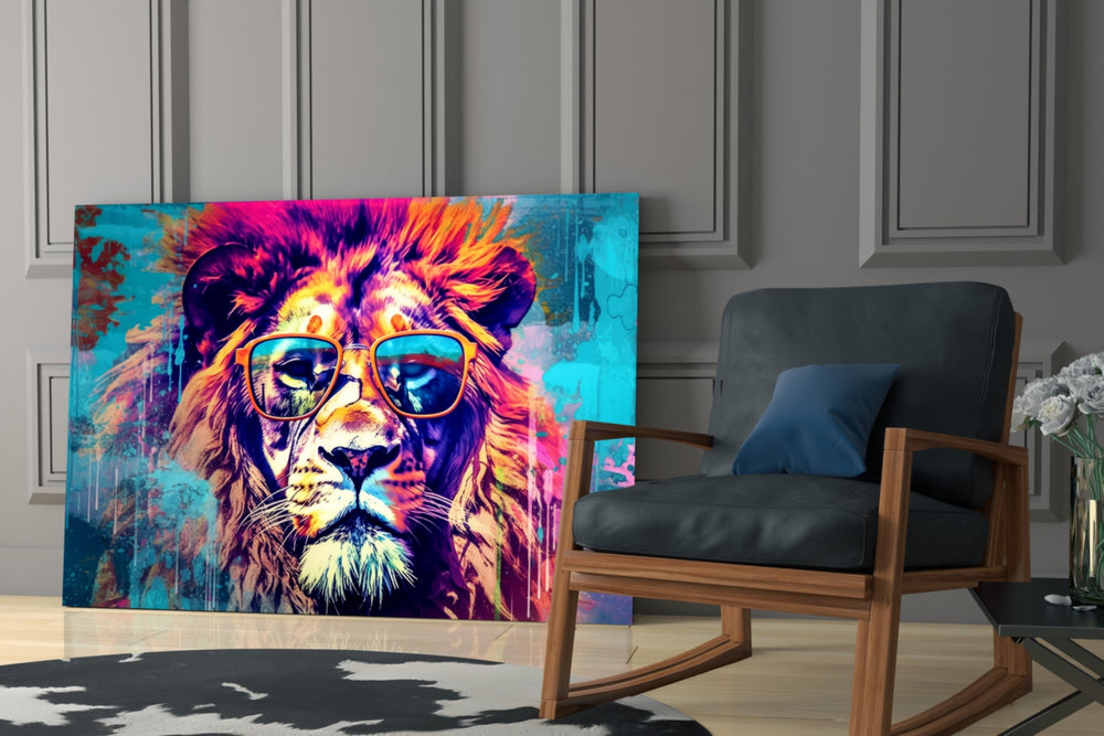Cool Lion glass print enhancing a den with statement playfulness
