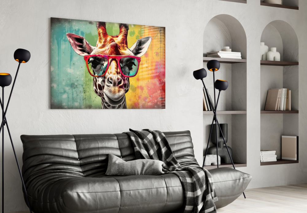 Cool Giraffe glass wall art styled above a sideboard in a creative office