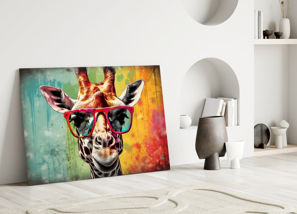 Cool Giraffe close-up showing magenta rectangular sunglasses and rainbow stripes