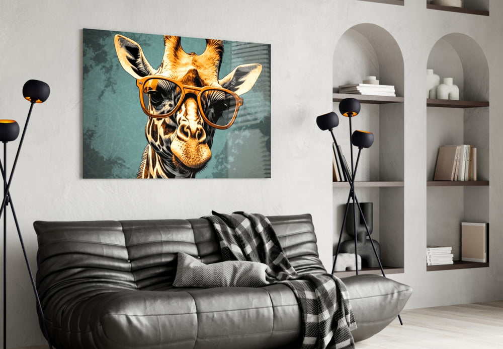 Cool Giraffe glass wall art styled above a sideboard in a study