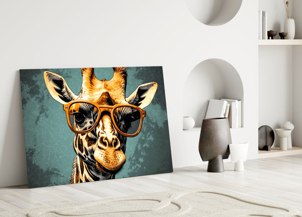 Cool Giraffe close-up showing amber wayfarers and linework etching