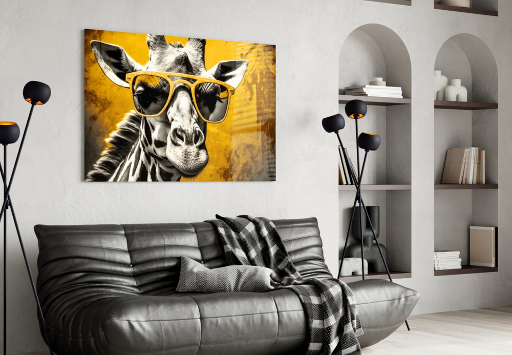 Cool Giraffe glass wall art styled above a sideboard in a study