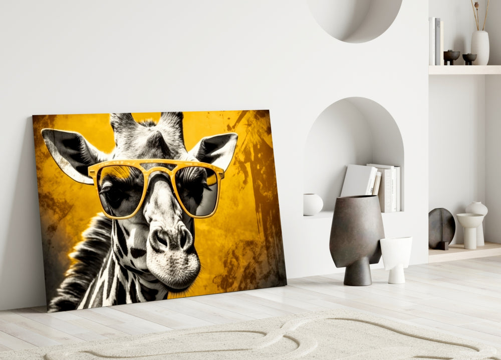 Cool Giraffe close-up showing marigold wayfarers and saffron grunge