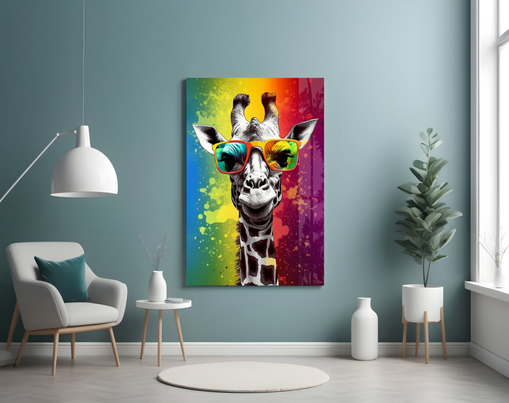 Cool Giraffe glass wall art styled above a sideboard in a creative office