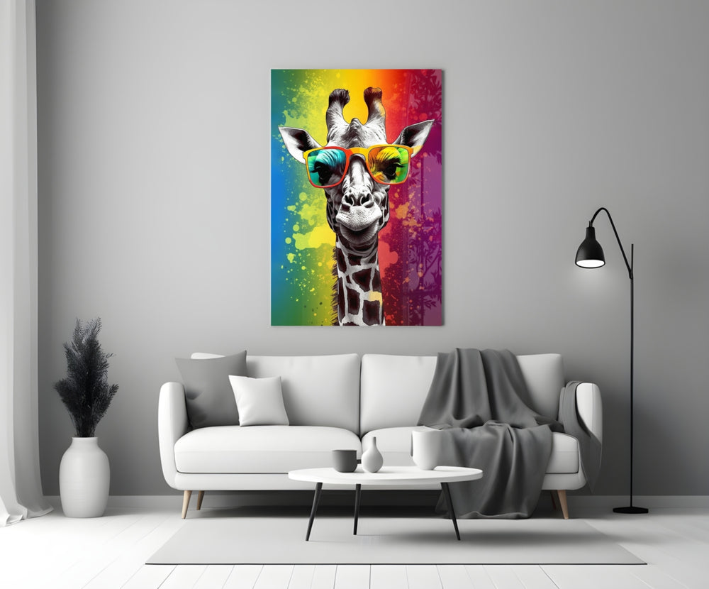 Cool Giraffe close-up showing rainbow-lens wayfarers and full spectrum splash