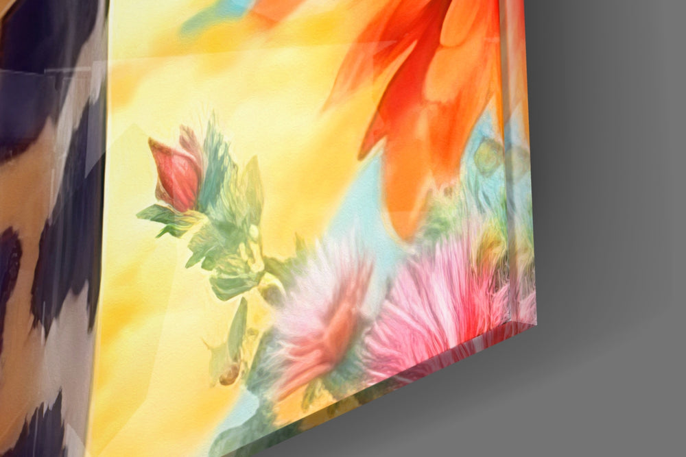 Animal-portrait artwork anchoring a wall with turquoise-and-saffron palette