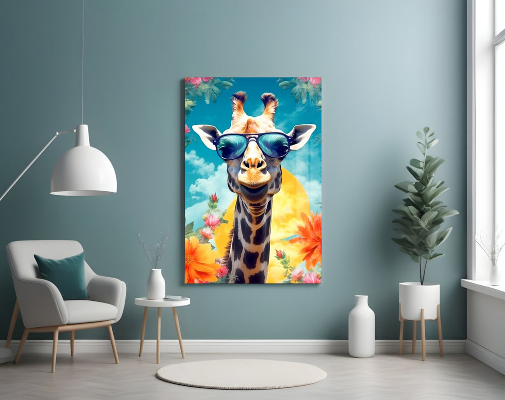 Cool Giraffe glass wall art styled above a sideboard in a creative office