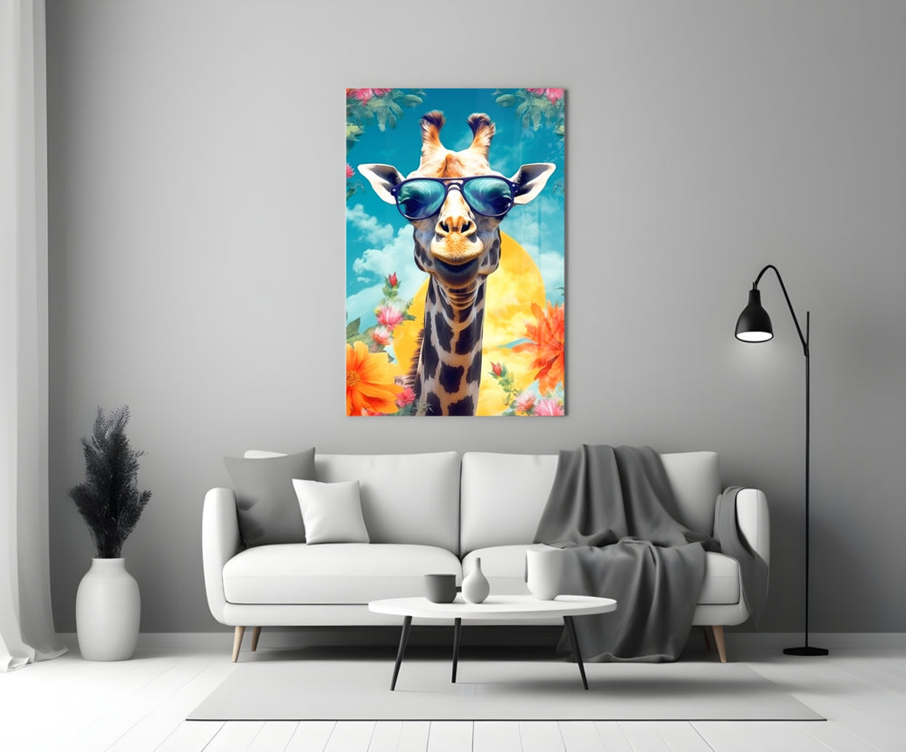 Cool Giraffe close-up showing navy aviators and yellow sunset