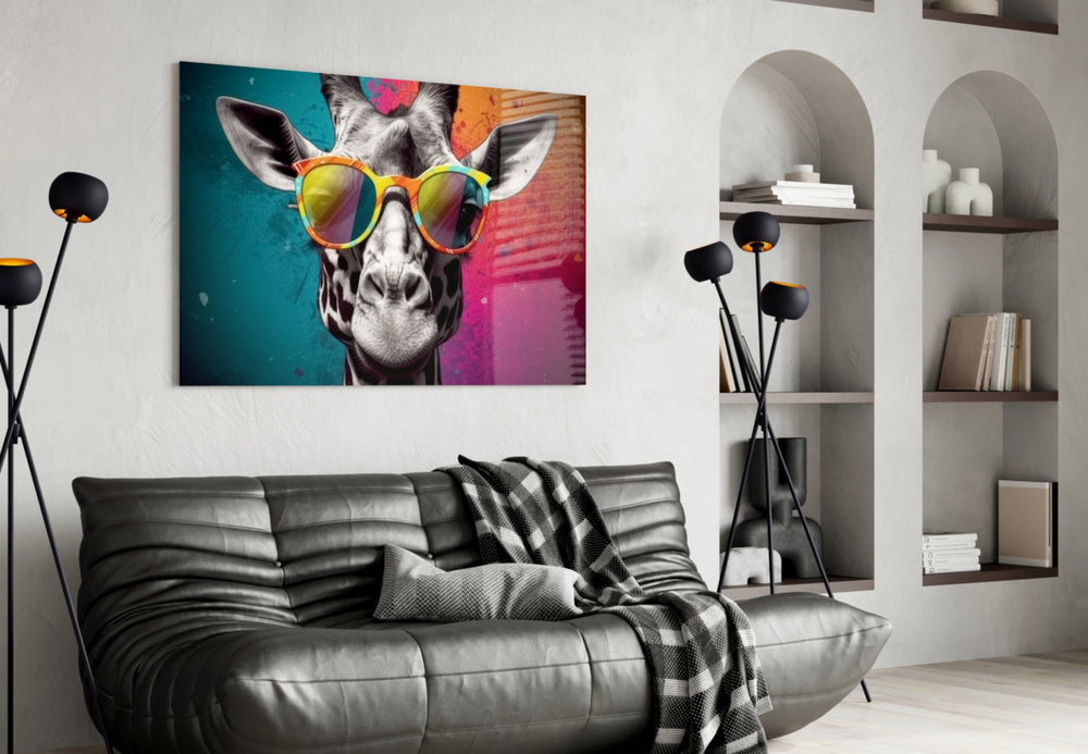 Cool Giraffe glass wall art styled above a sideboard in a creative office