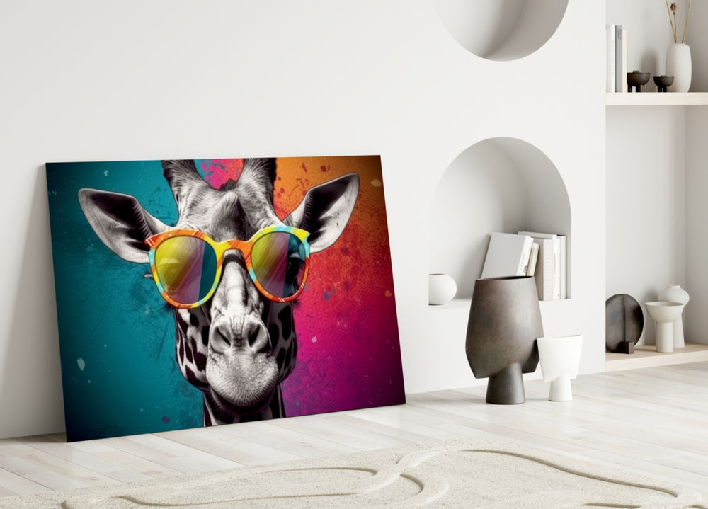 Cool Giraffe close-up showing rainbow-mirror round sunglasses and tri-panel wall