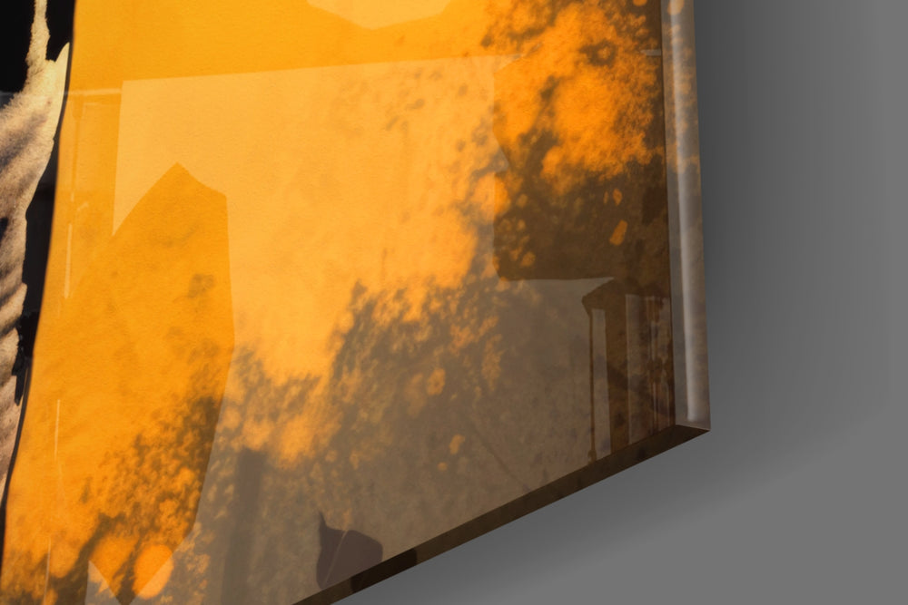 Animal-portrait artwork anchoring a wall with marigold-and-amber palette