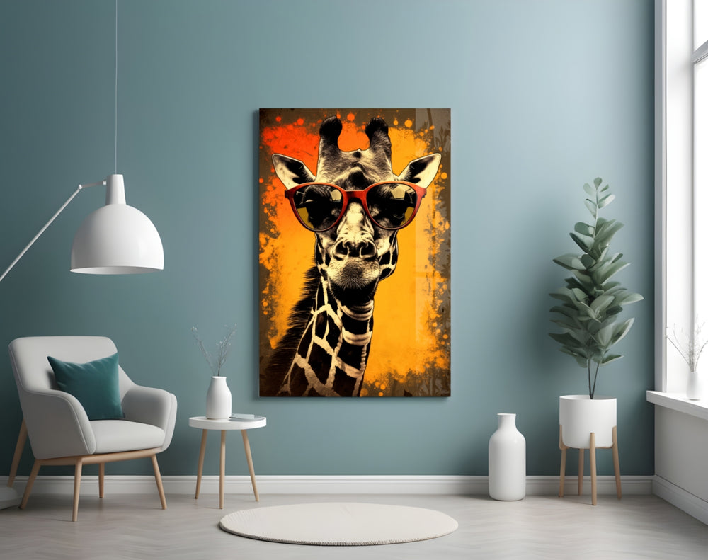 Cool Giraffe glass wall art styled above a sideboard in a study