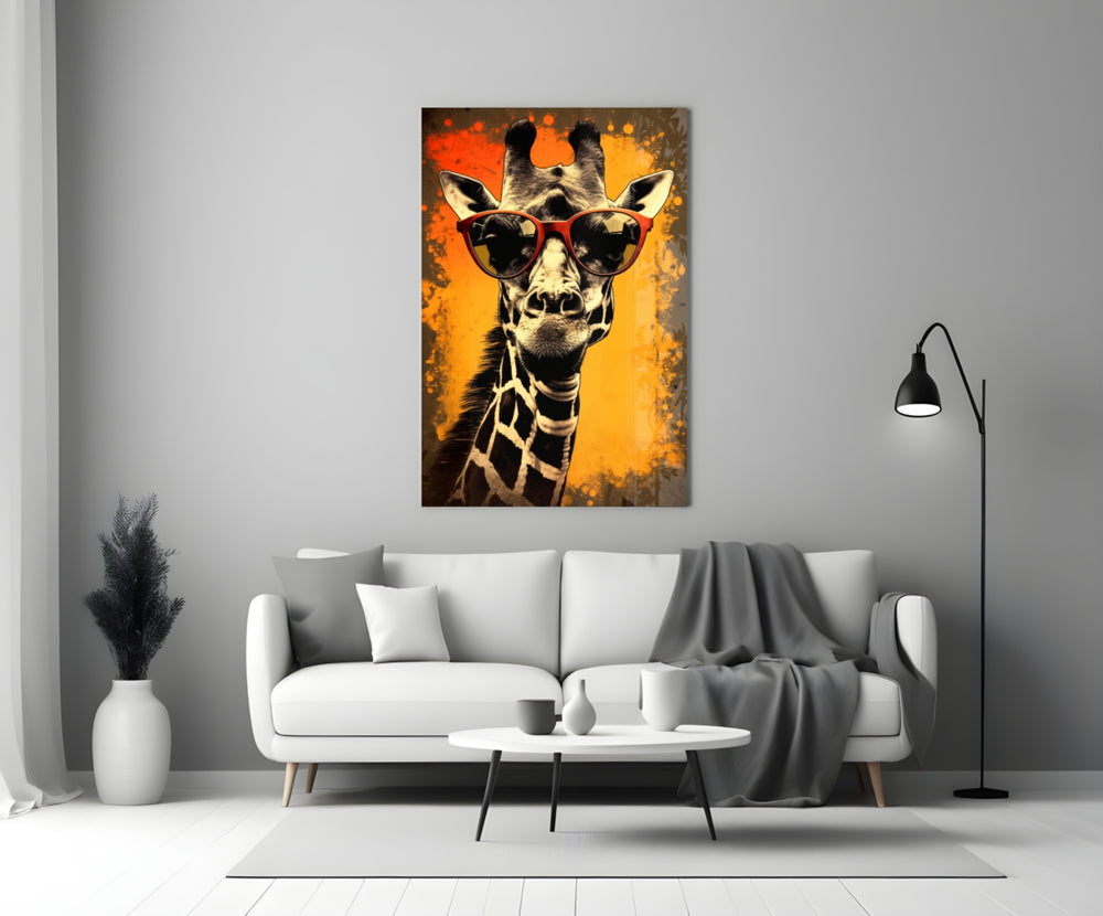 Cool Giraffe close-up showing scarlet cat-eye sunglasses and marigold poster