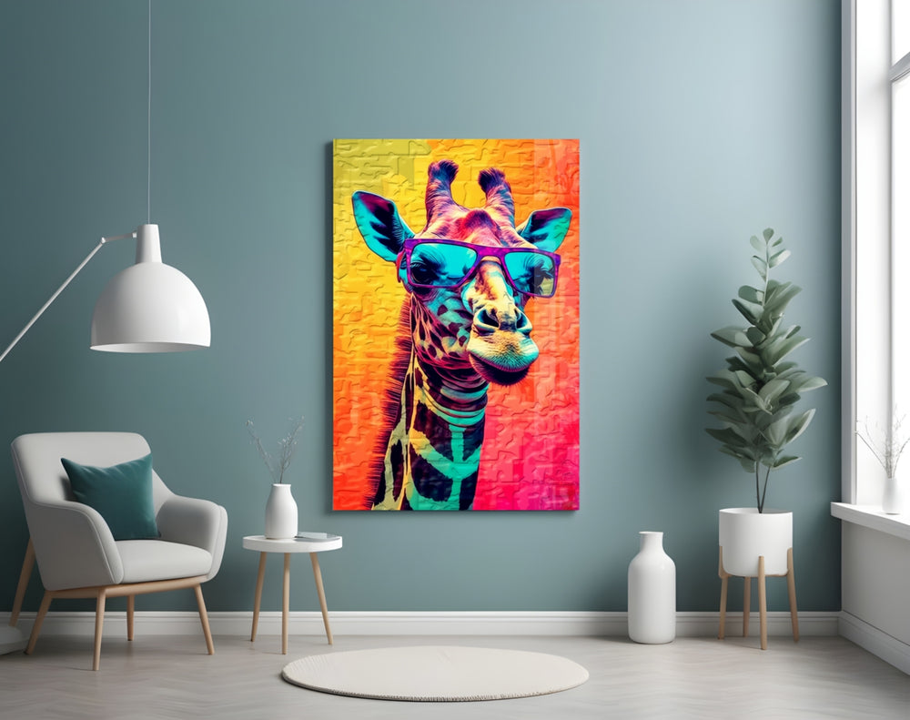 Cool Giraffe glass wall art styled above a sideboard in a creative office