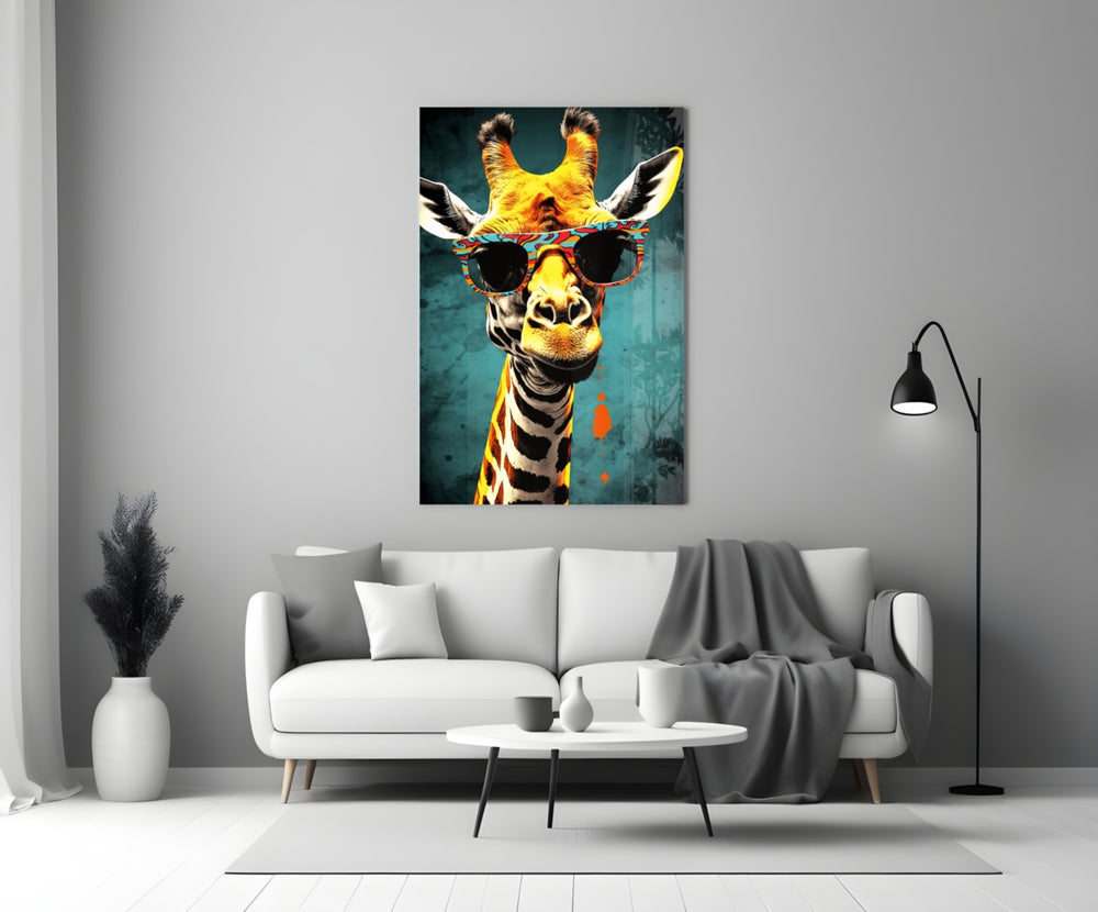 Cool Giraffe close-up showing Mexican folk-frame sunglasses and teal grunge