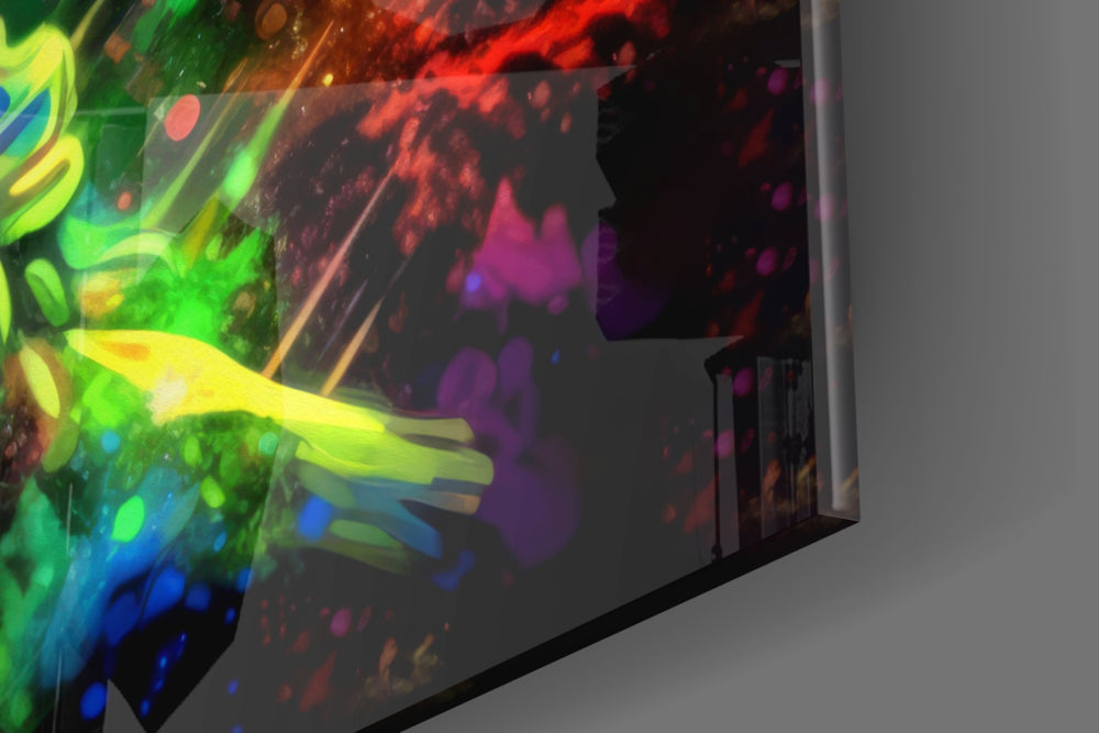 Founding-father artwork anchoring a wall with obsidian-and-spectrum palette