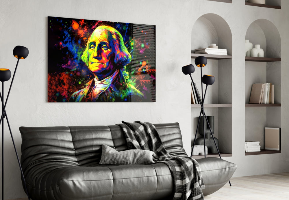 Benjamin Franklin glass wall art styled above a console in a library