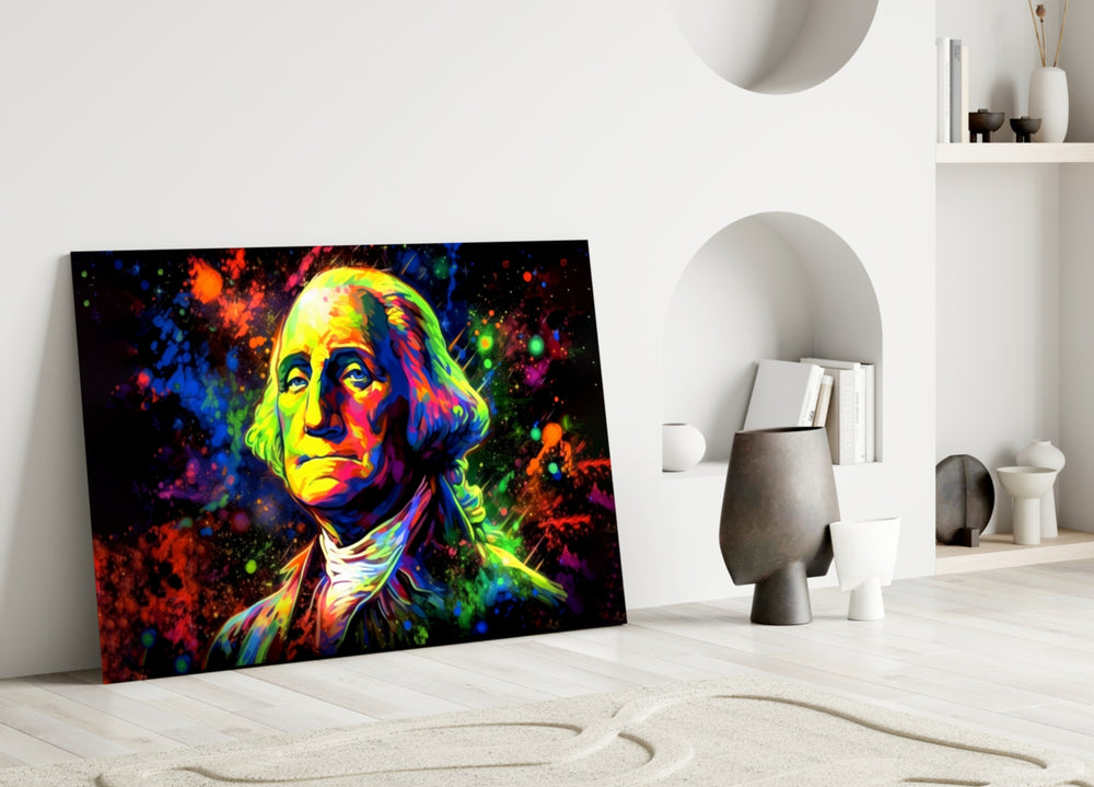 Benjamin Franklin close-up showing powdered wig and neon rim-light