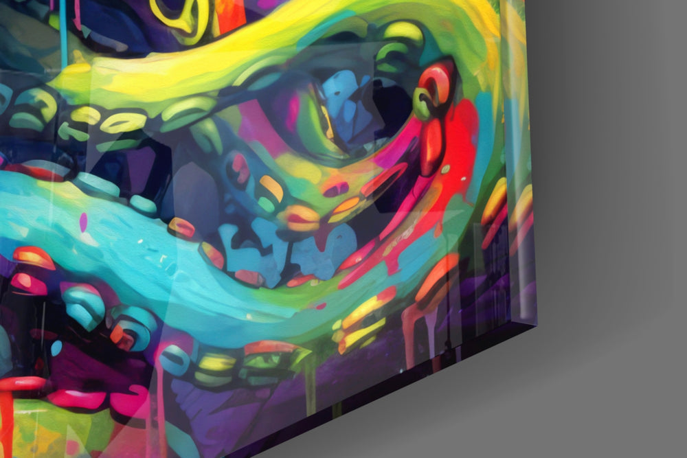 Character-portrait artwork anchoring a wall with neon-tentacle palette