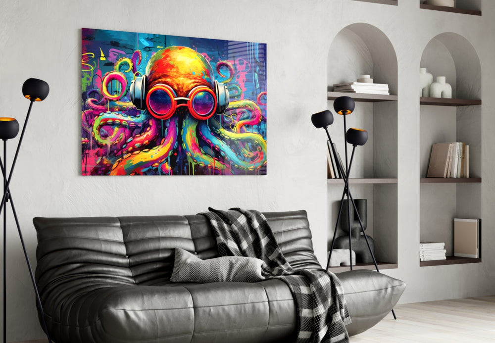 Octopus glass wall art styled above a sideboard in a creative office