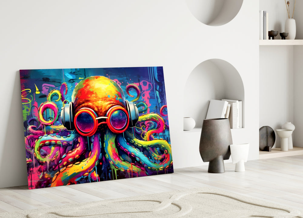 Octopus close-up showing steampunk goggles and neon tentacles