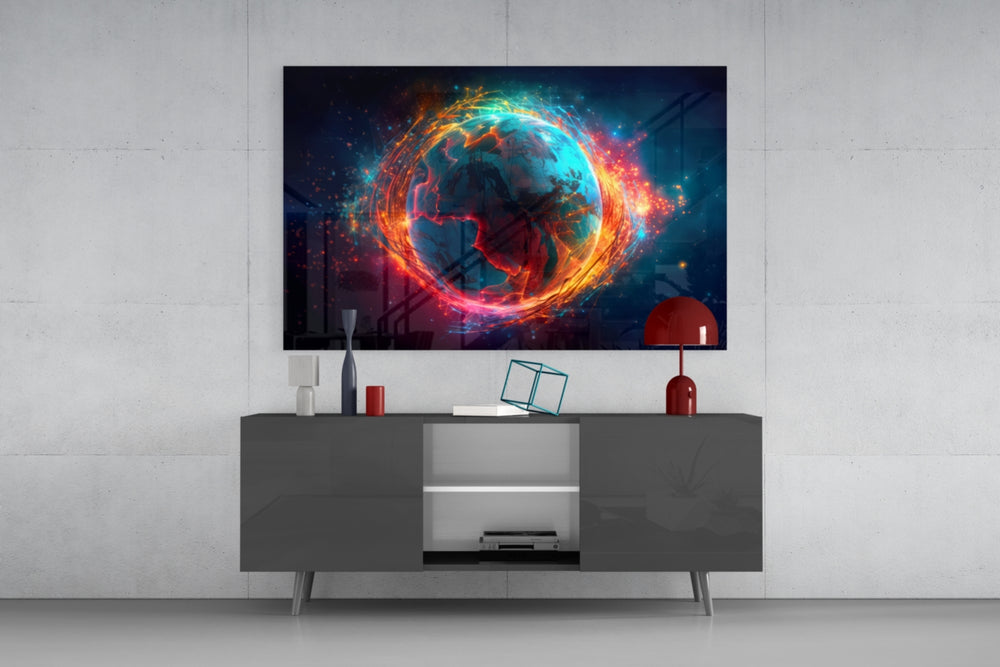 World panel catching lamp light to reveal its cinematic glow
