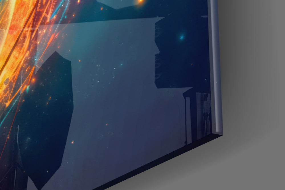 Planetary-tribute artwork anchoring a wall with cyan-and-ember palette