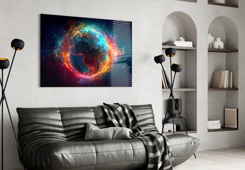 World glass wall art styled above a sideboard in a media room