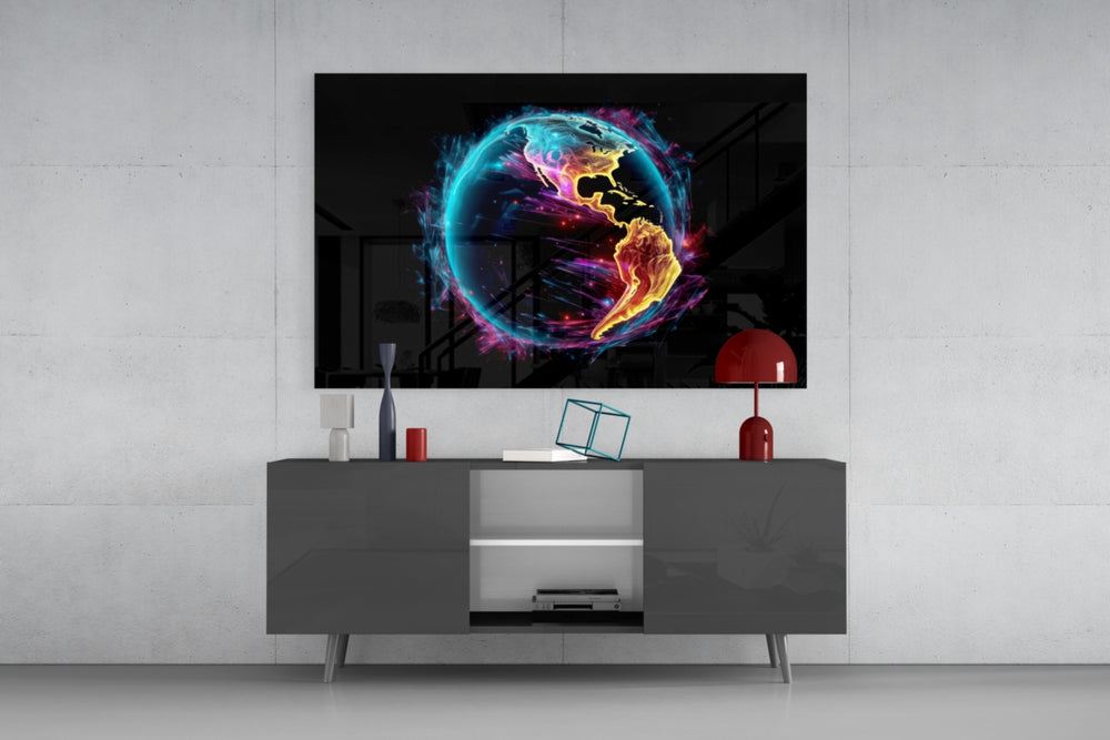 World panel catching lamp light to reveal its cinematic glow