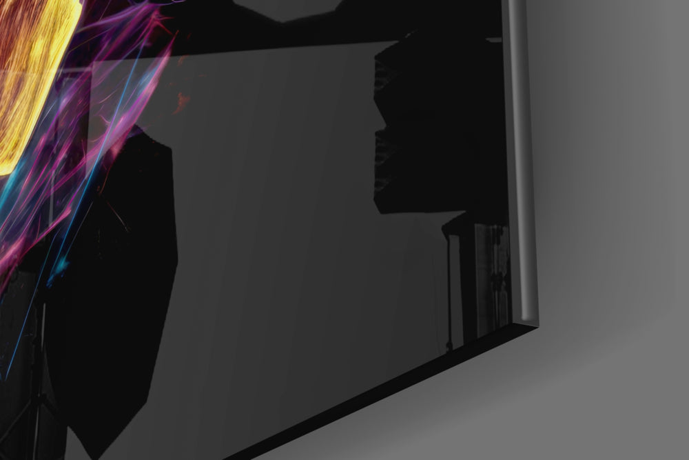 Planetary-tribute artwork anchoring a wall with amber-and-magenta palette