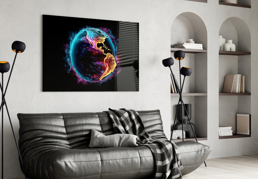 World glass wall art styled above a sideboard in a media room