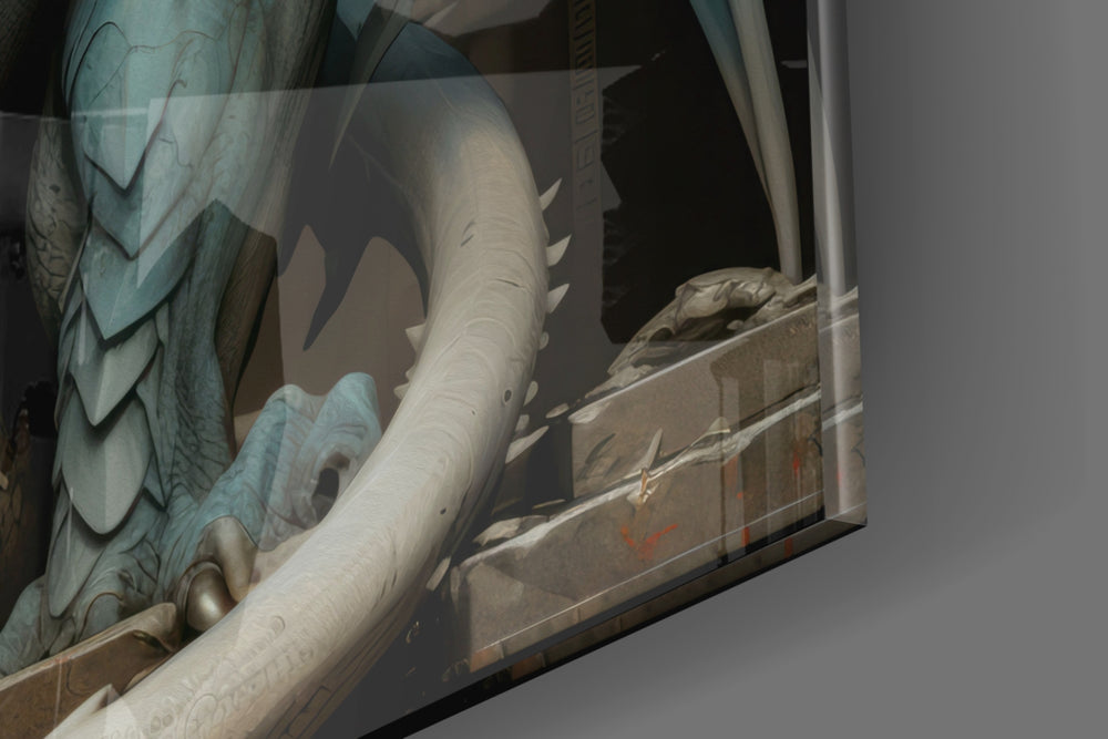 Fantasy-beast artwork anchoring a wall with frost-blue-and-ivory palette
