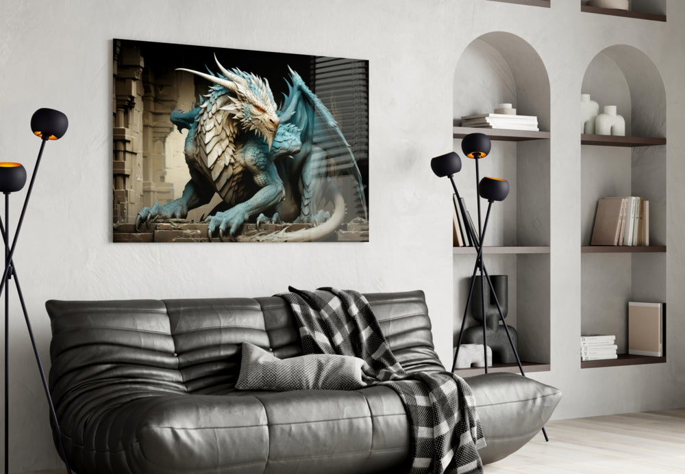 Dragon glass wall art styled above a sideboard in a media room