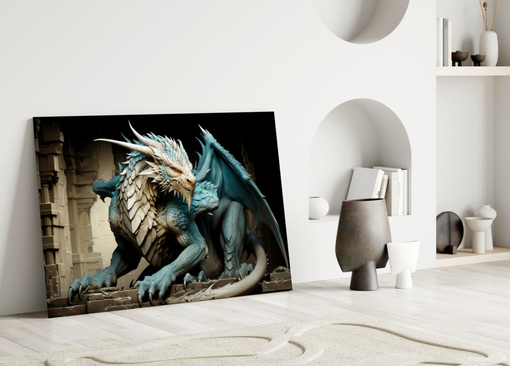 Dragon close-up showing frost-blue scales and crimson eyes