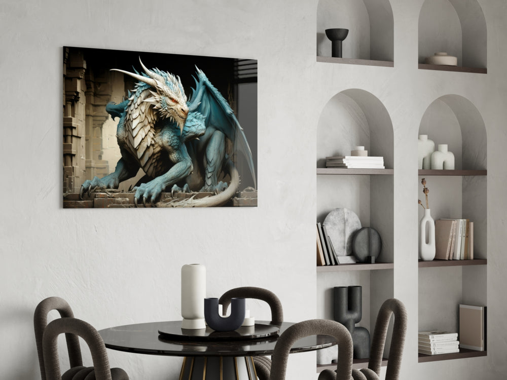 Dragon panel adding editorial drama to a hallway