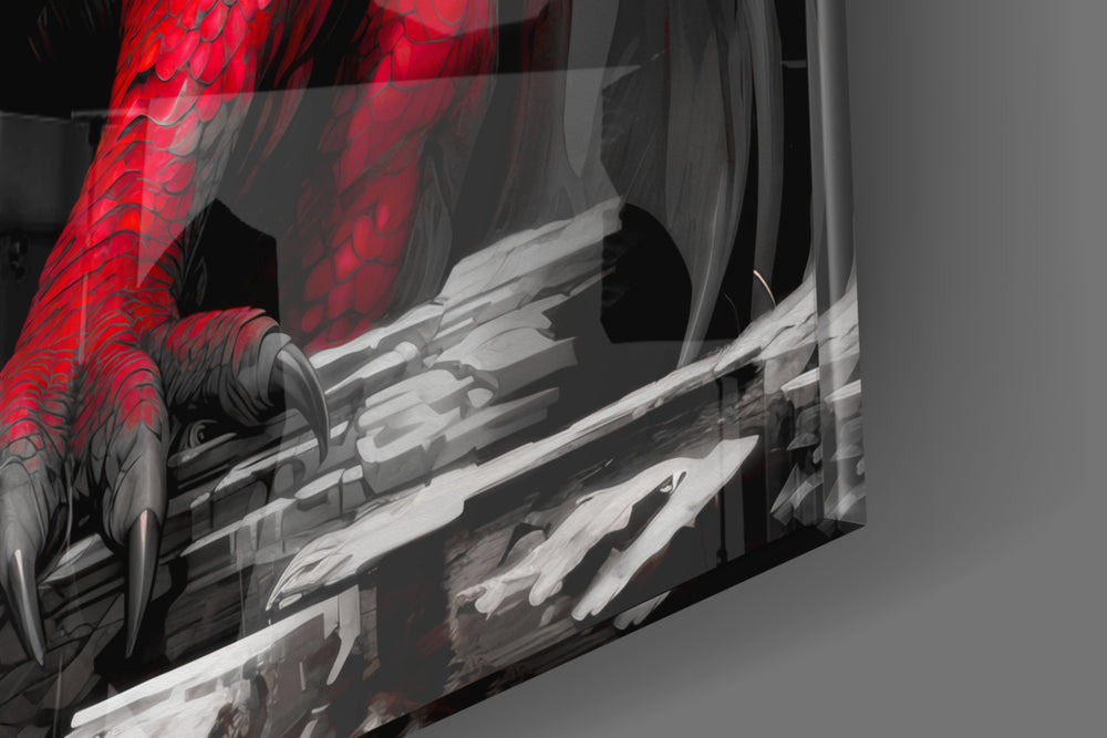 Fantasy-beast artwork anchoring a wall with scarlet-and-monochrome palette