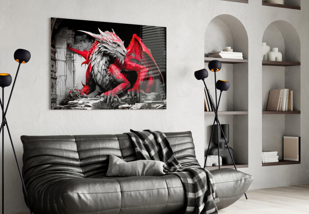 Dragon glass wall art styled above a sideboard in a media room