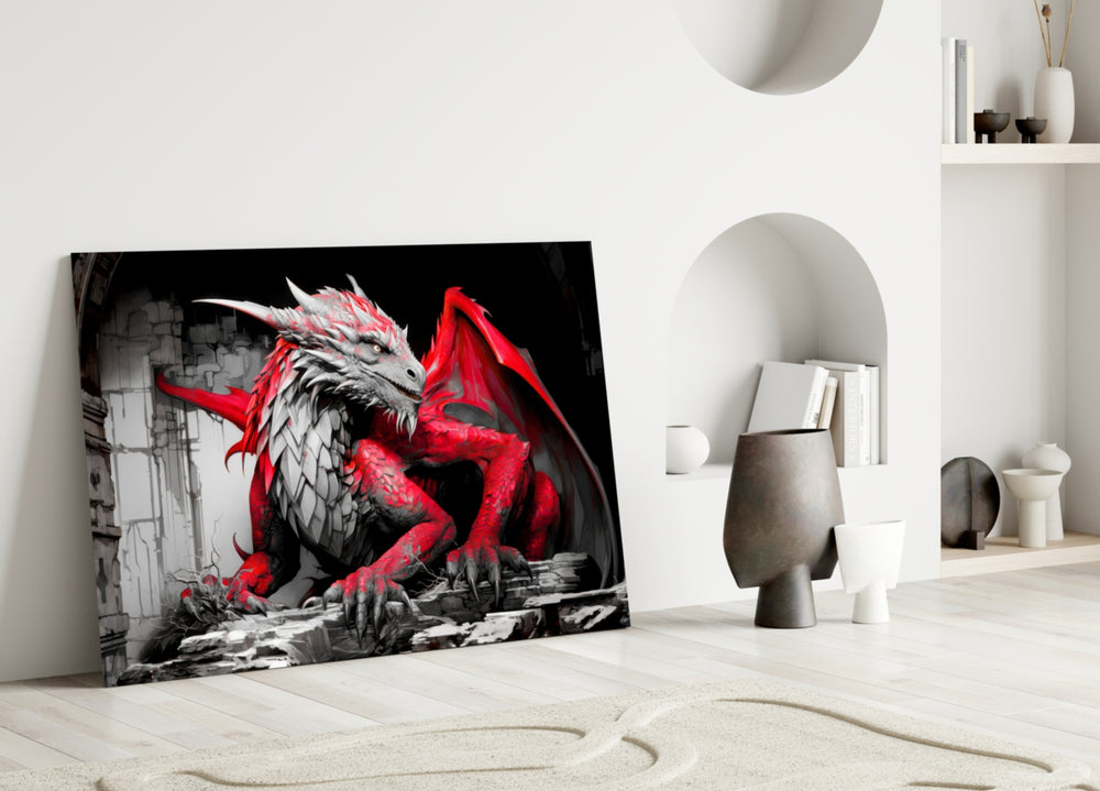 Dragon close-up showing scarlet wings and ivory scales