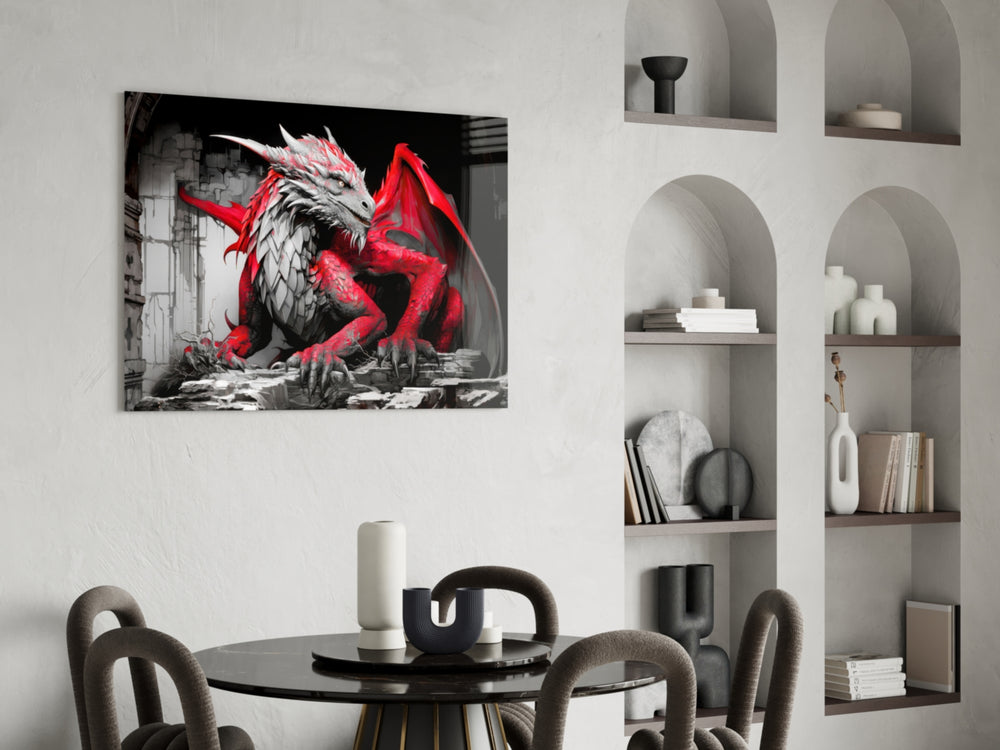 Dragon panel adding editorial drama to a hallway