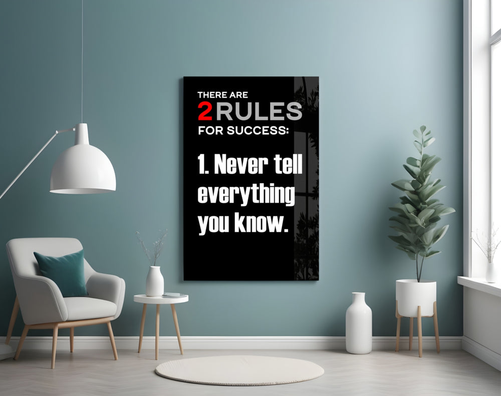 Rules of Success glass wall art styled above a sideboard in a startup workspace
