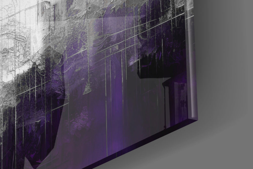 Urban-portrait artwork anchoring a wall with violet-and-silver palette