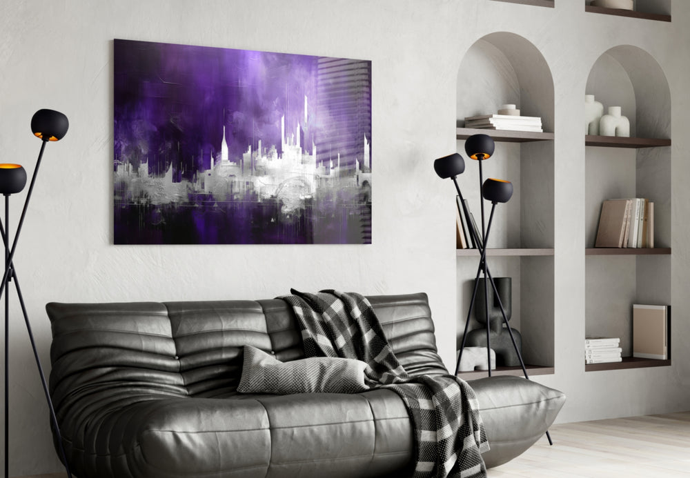 City Silhouette glass wall art styled above a sideboard in a media room